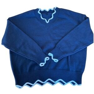 Navy Blue V Neck Sweater Scallop Trim Knit Pullover Women's Casual